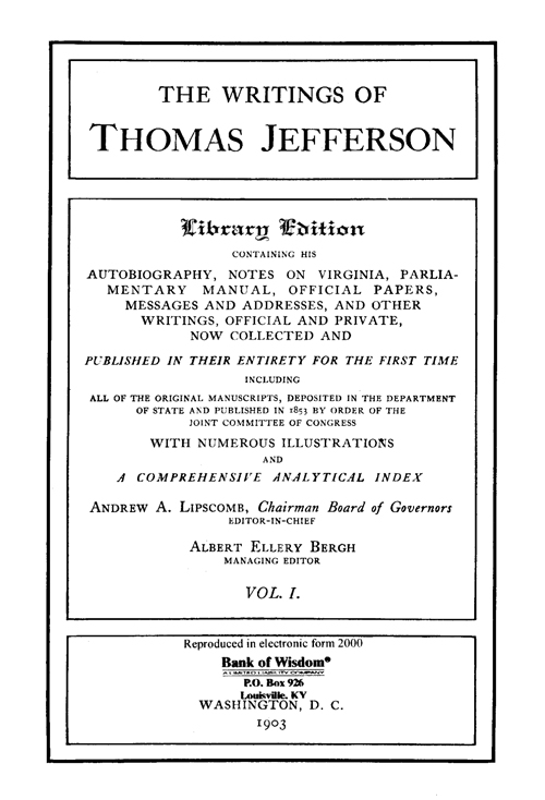 (image for) The Writings of Thomas Jefferson - Vol.1 of 20 Vols.